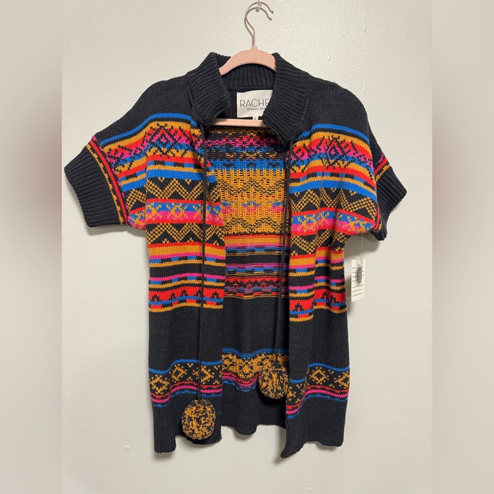 Rachel Roy Colorful Fair Isle Knit Boho Cardigan Sweater w/ Pom Pom Ties